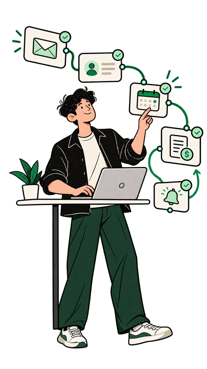 Illustration: a man at a laptop points at a chain of connected steps, email, contact, calendar, invoice and reminder, each ticked off.
